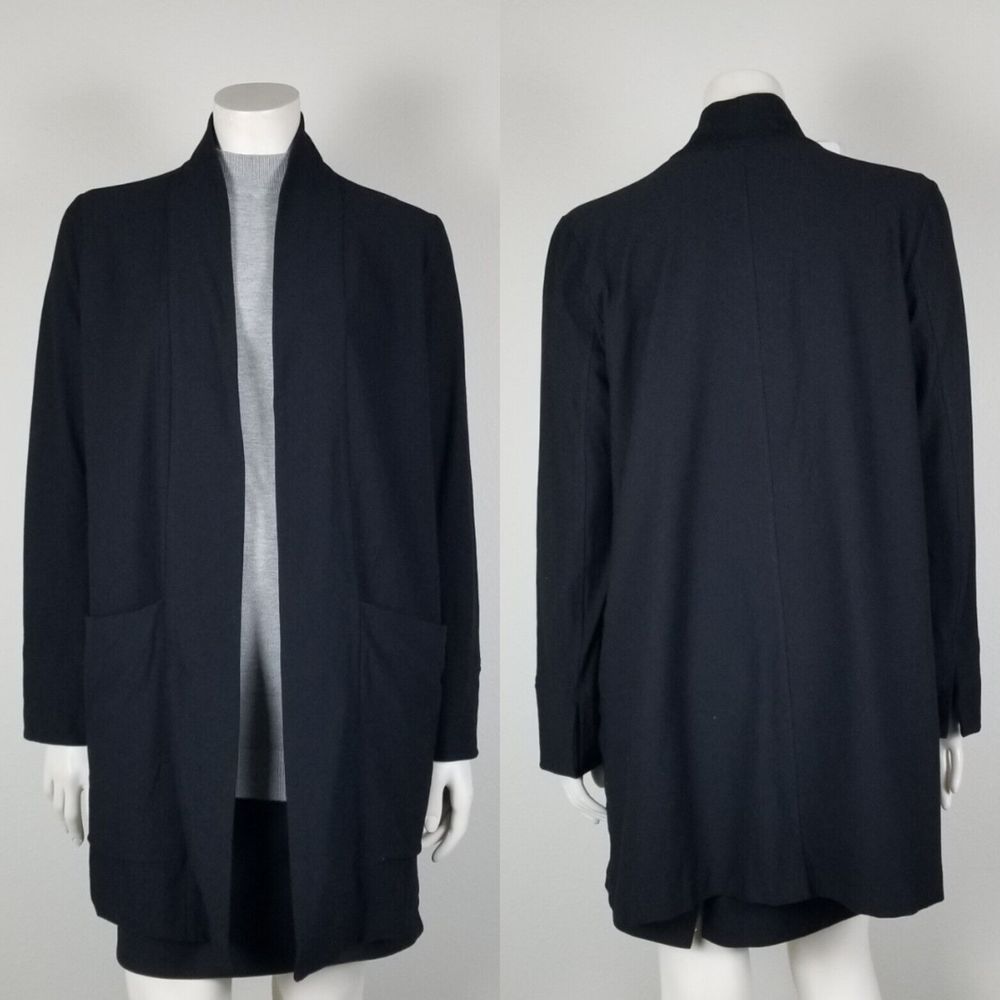 Eileen Fisher Black Viscose Blend Ponte Jersey Minimalist Longline Cardigan Sz M